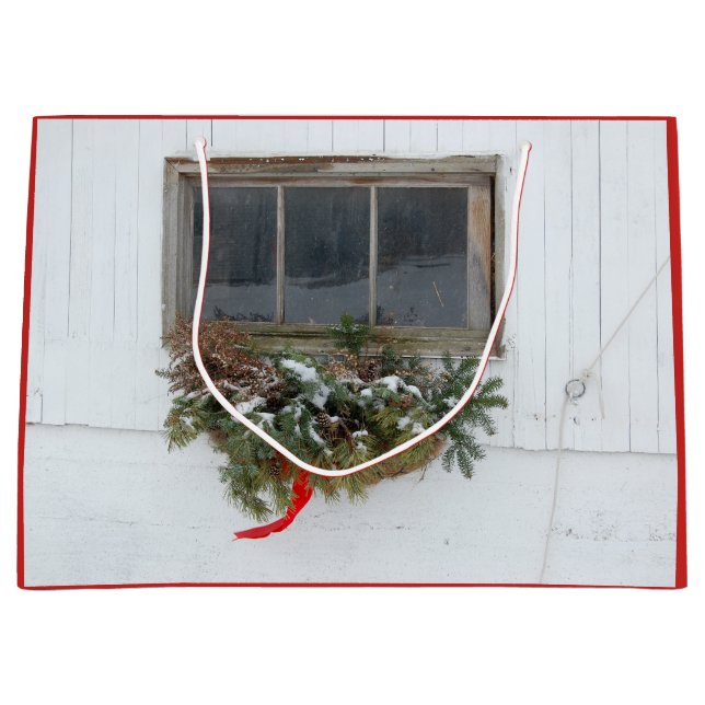 Christmas Barn Window with Bows and Pine Trees Large Gift Bag (Front)
