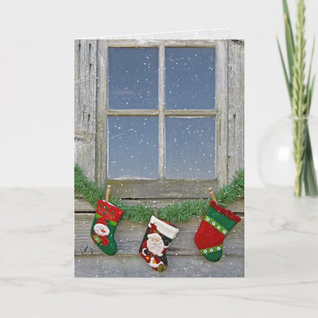 Christmas barn window with snowflakes holiday card (Front)