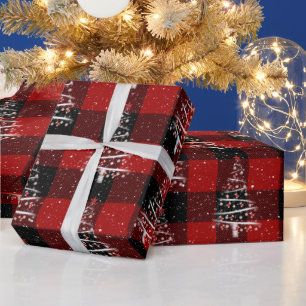 Christmas Baseball and Red Socks Tree On Plaid Wrapping Paper