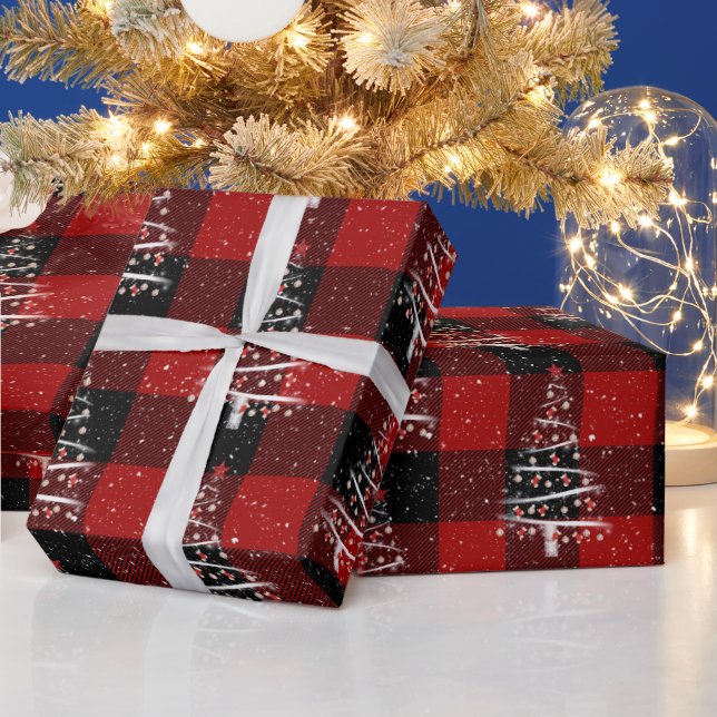 Christmas Baseball and Red Socks Tree On Plaid Wrapping Paper (Holidays)