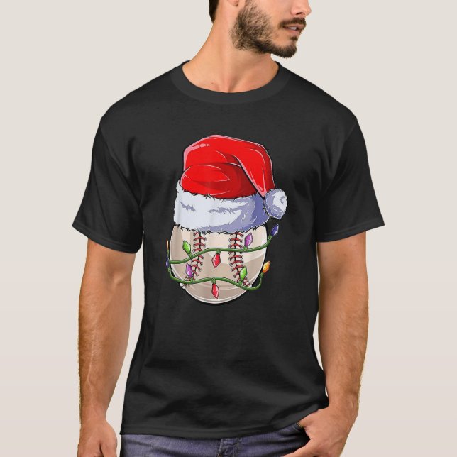 Christmas Baseball Ball Santa Hat Xmas Lights Cute T-Shirt (Front)