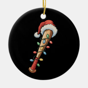 Christmas Baseball Bat Santa Hat Xmas Lights Retro Ceramic Ornament