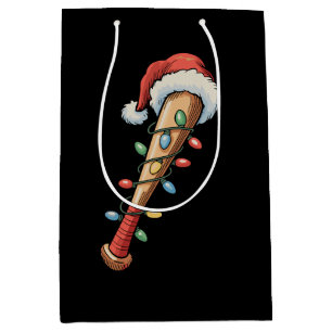Christmas Baseball Bat Santa Hat Xmas Lights Retro Medium Gift Bag