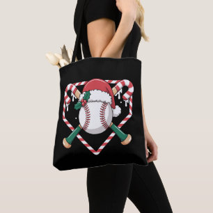Christmas Baseball Candy Cane Bats Santa Hat Xmas Tote Bag