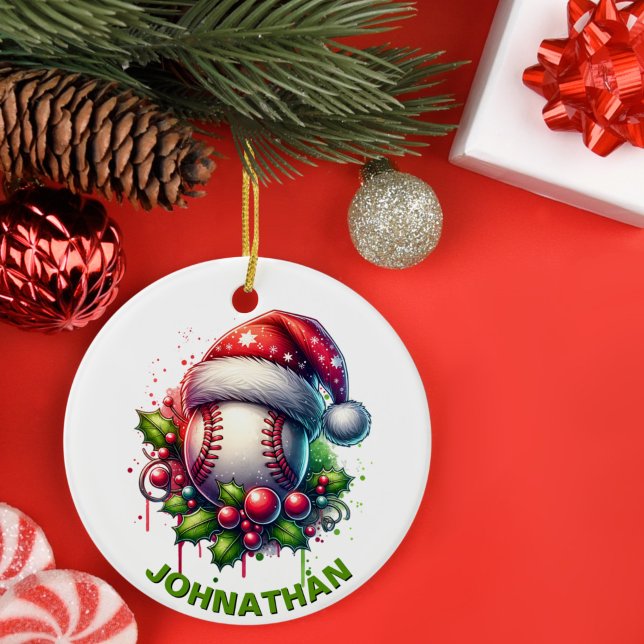 Christmas Baseball Custom Name with Santa Hat Ceramic Ornament (Creator Uploaded)