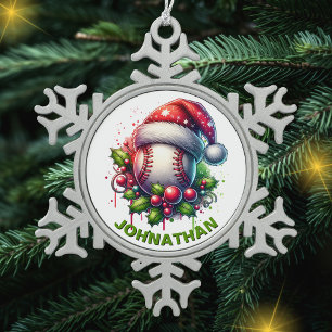 Christmas Baseball Custom Name with Santa Hat Snowflake Pewter Christmas Ornament