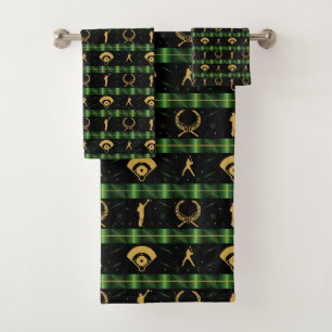 Christmas Baseball Player - Green Check Bath Towel Set