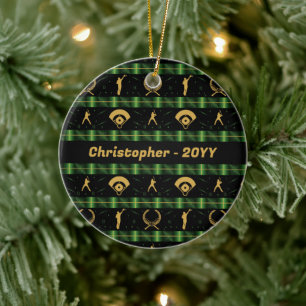 Christmas Baseball Player - Green Check Ceramic Ornament