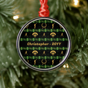 Christmas Baseball Player - Green Check Metal Ornament