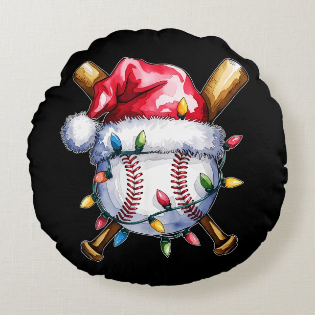 Christmas Baseball Player Santa Hat  Round Cushion (Front)