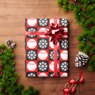 Christmas Baseball Red and Black Snowflake Pattern Wrapping Paper