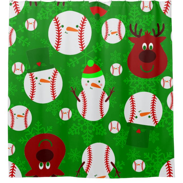 christmas baseball snowman reindeer snowflake shower curtain (Front)