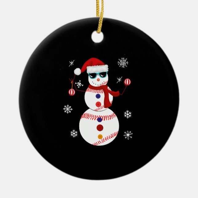 Christmas Baseball Snowman Santa Hat Gift  Ceramic Ornament (Front)
