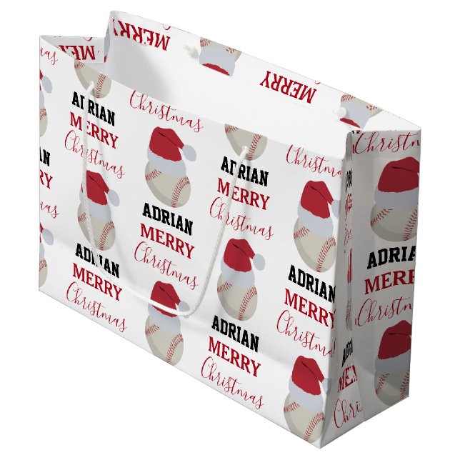 Christmas Baseball Sports Ball Custom Name Large Gift Bag (Front Angled)