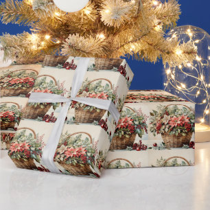 Christmas Basket with Poinsettia Flowers, Berries Wrapping Paper
