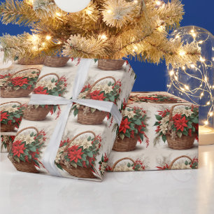 Christmas Basket with Red, White Poinsettia Flower Wrapping Paper