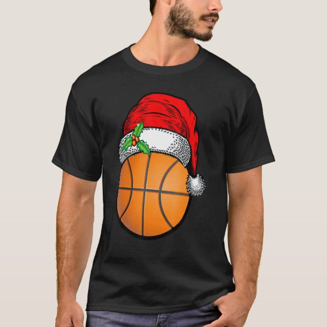 Christmas Basketball Ball Santa Hat Xmas Sport For T-Shirt (Front)