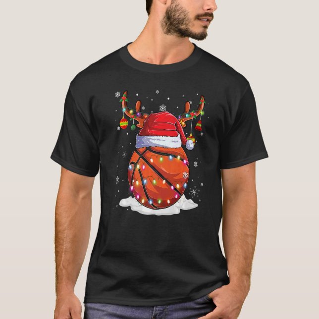 Christmas Basketball Ball Santa Reindeer Lights Or T-Shirt (Front)