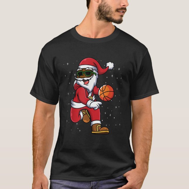 Christmas Basketball Black African American Santa  T-Shirt (Front)