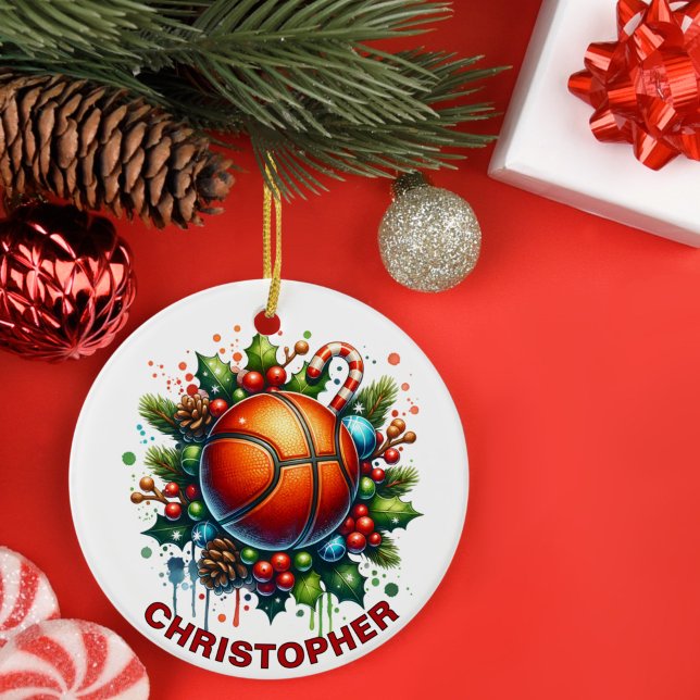 Christmas Basketball Custom Name Ceramic Ornament (Creator Uploaded)