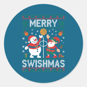 Christmas Basketball Elf Snowman Swishmas Classic Round Sticker