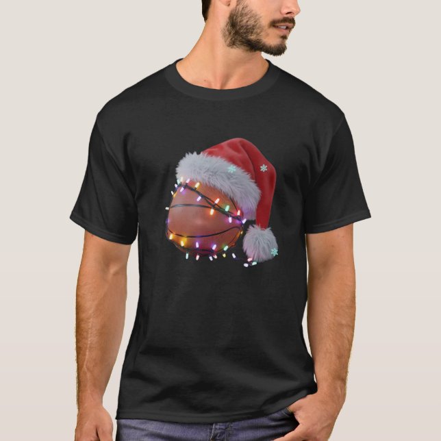 Christmas Basketball Santa Hat Funny Holiday Swea T-Shirt (Front)