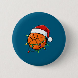 Christmas Basketball Santa Hat Wrapped In Lights H 6 Cm Round Badge