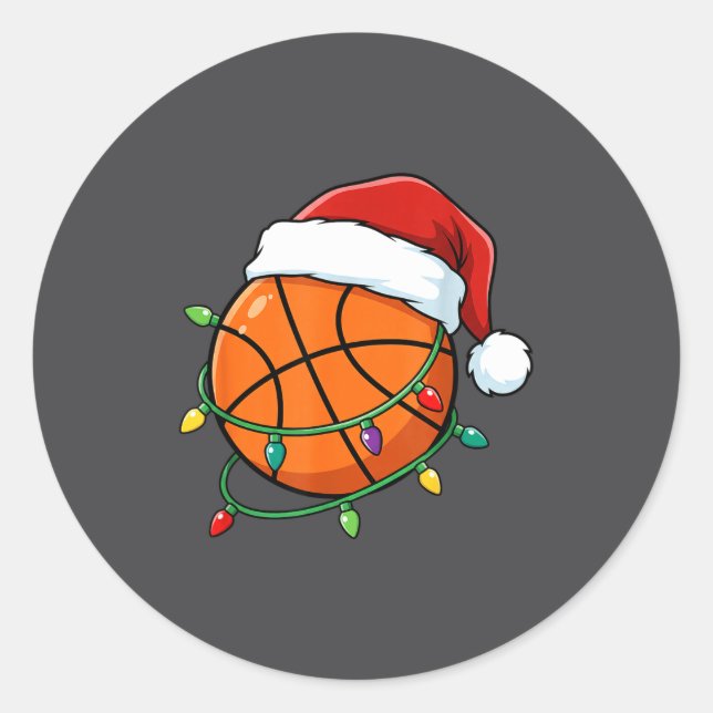 Christmas Basketball Santa Hat Wrapped In Lights H Classic Round Sticker (Front)
