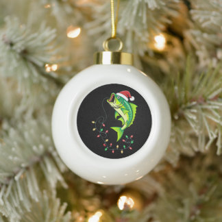 Christmas Bass Fish Santa Hat Lights Fishing Xmas Ceramic Ball Christmas Ornament