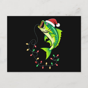 Christmas Bass Fish Santa Hat Lights Fishing Xmas Holiday Postcard