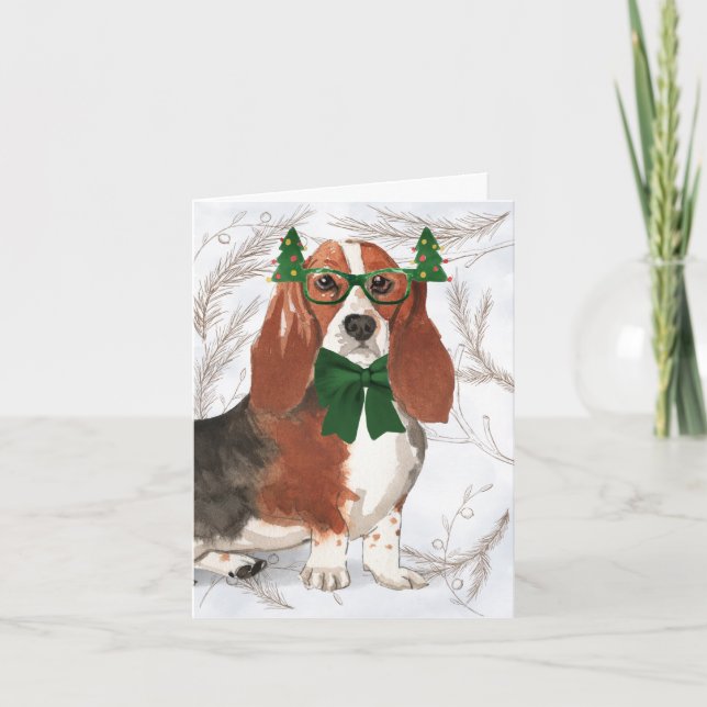 Christmas Basset Hound and Botanical Pines Holiday Card (Front)