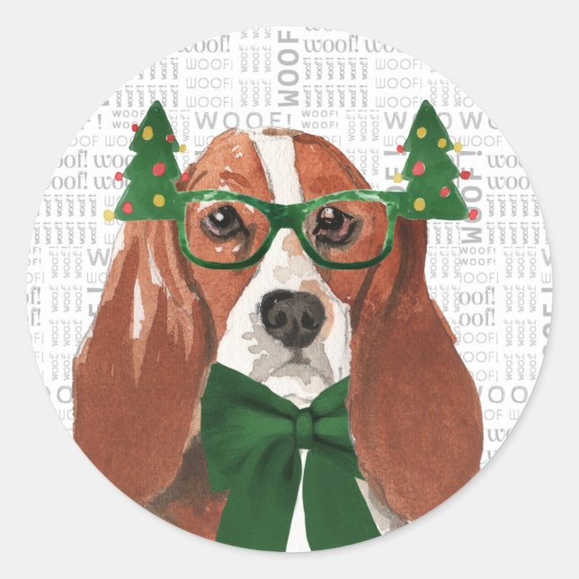 Christmas Basset Hound and Woof Dog Lover Classic Round Sticker (Front)