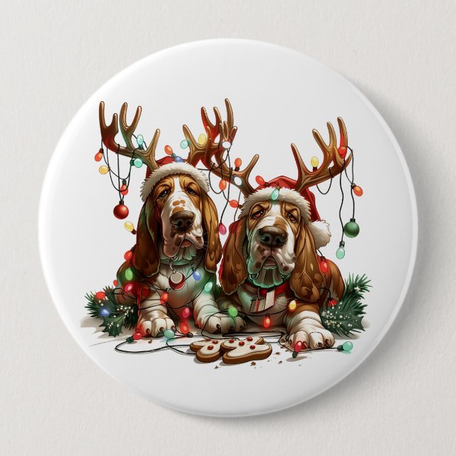 Christmas Basset Hound Dogs 10 Cm Round Badge (Front)