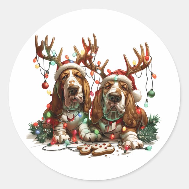 Christmas Basset Hound Dogs Classic Round Sticker (Front)