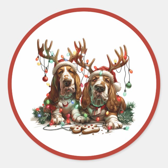 Christmas Basset Hound Dogs Classic Round Sticker (Front)