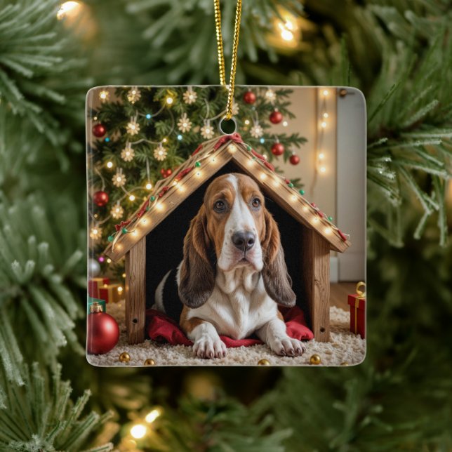 Christmas Basset Hound In a Doghouse Ceramic Ornament (Tree)