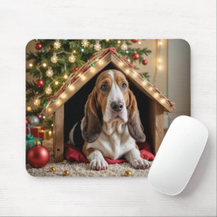 Christmas Basset Hound In a Doghouse Mouse Pad