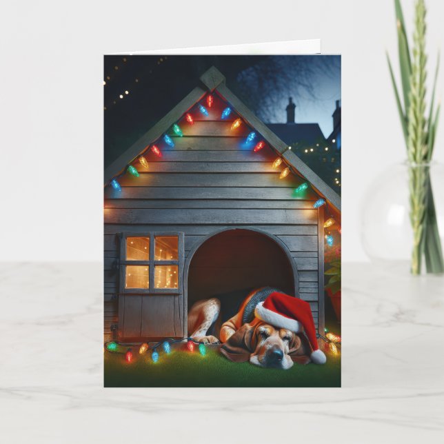 Christmas Basset Hound In Doghouse Holiday Card (Front)