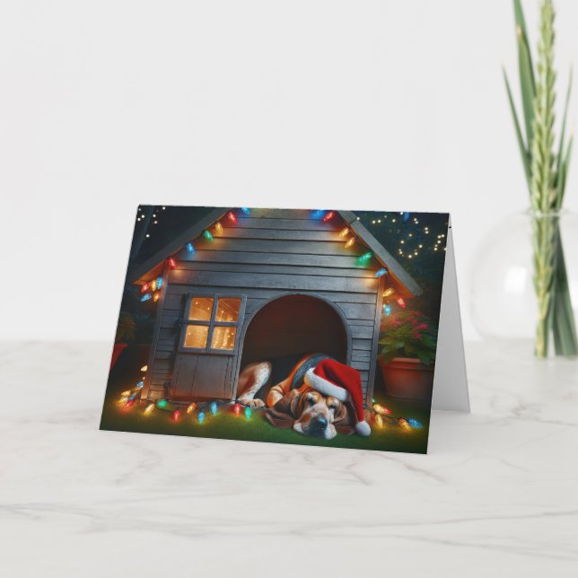 Christmas Basset Hound In Doghouse Holiday Card (Front)