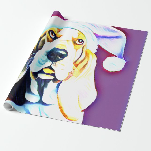 Christmas Basset Hound in Pink Santa Hat Wrapping Paper (Unrolled)