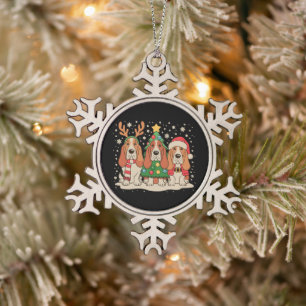 Christmas Basset Hound Santa Reindeer Dog Xmas Snowflake Pewter Christmas Ornament