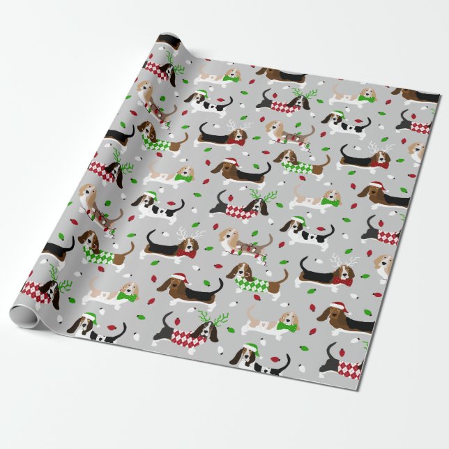 Christmas Basset Hound Wrapping Paper (Unrolled)