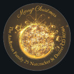 Christmas bauble gold glitter address  classic round sticker<br><div class="desc">Add a beautiful holiday detail to your holiday cards, and other correspondence during the Christmas season with this festive round return address envelope seal. An elegant gold glitter Christmas bauble accents the centre of the design on a warm dark background for a contrast-rich text. Personalise with your family name, street...</div>