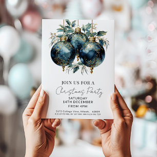 Christmas Baubles Navy Gold Holiday Invitation