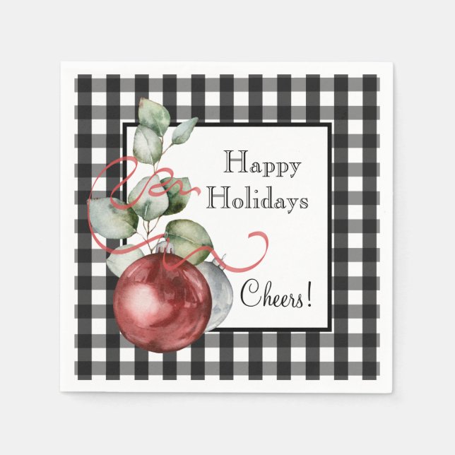 Christmas Baubles on Black and White Check Napkin (Front)