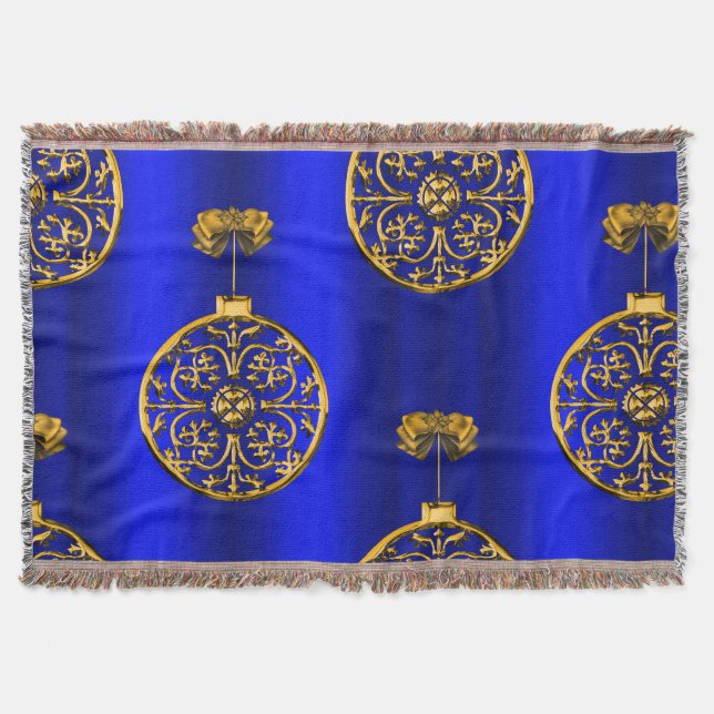 Christmas Baubles on Blue Throw Blanket (Front)