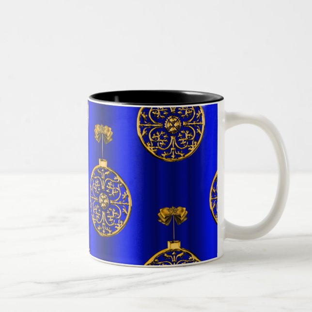 Christmas Baubles on Blue Two-Tone Coffee Mug (Right)