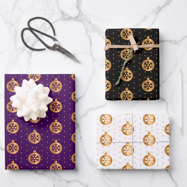 Christmas Baubles on Purple, Black and White Wrapping Paper Sheet (Front)
