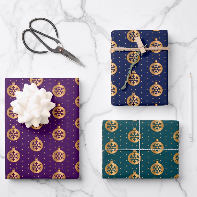 Christmas Baubles on Purple, Navy and Teal Wrapping Paper Sheet (Front)