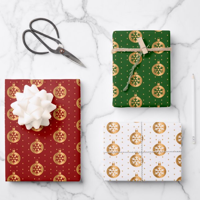 Christmas Baubles on Red, Green and White Wrapping Paper Sheet (Front)